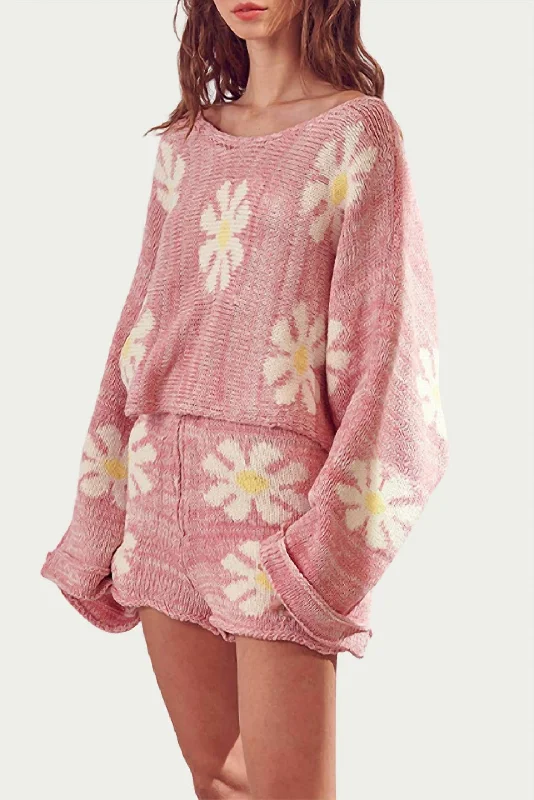 Women's Formal Pullovers-Oversized Retro Cotton-Blend Sweater In Pink