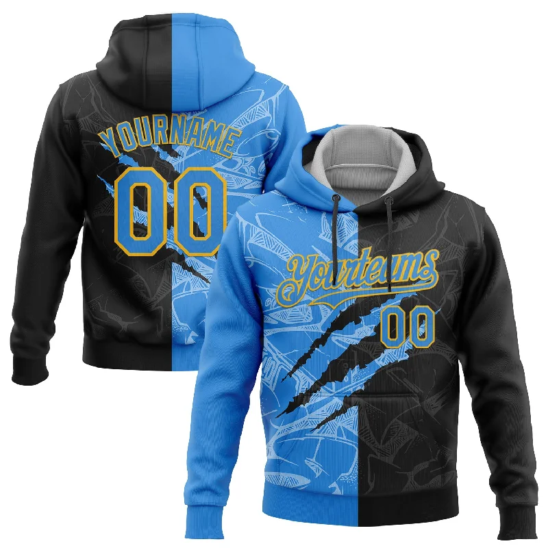 Women's Striped Hoodies-Custom Stitched Graffiti Pattern Black Powder Blue-Gold 3D Scratch Sports Pullover Sweatshirt Hoodie