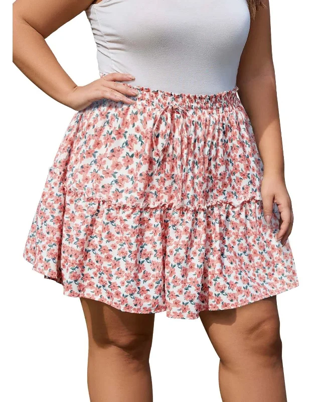 Women's Thermal Pleated Skirts-Plus Size Ruffle Tiered Skirt Flowy Floral-Pink Flower