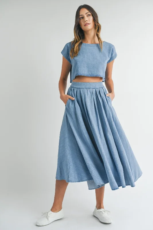 Women's Shimmer Pencil Skirts-Blue Highway Denim Crop Top and Midi Skirt