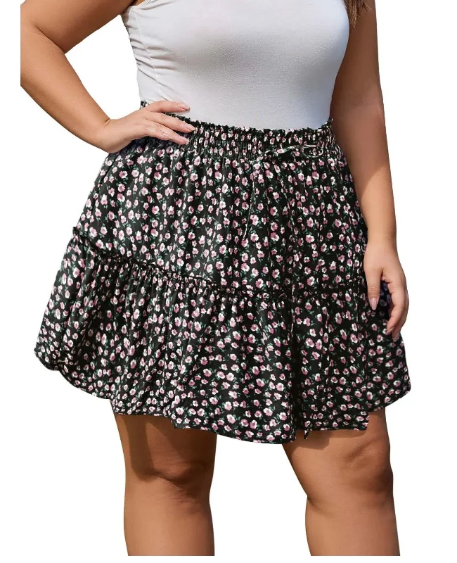 Women's Thermal Pencil Skirts-Plus Size Ruffle Tiered Skirt Flowy Floral-Black Flower