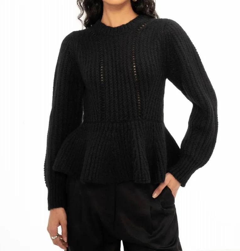 Women's Silk Denim Pullovers-Freya Peplum Crew Neck Sweater In Black