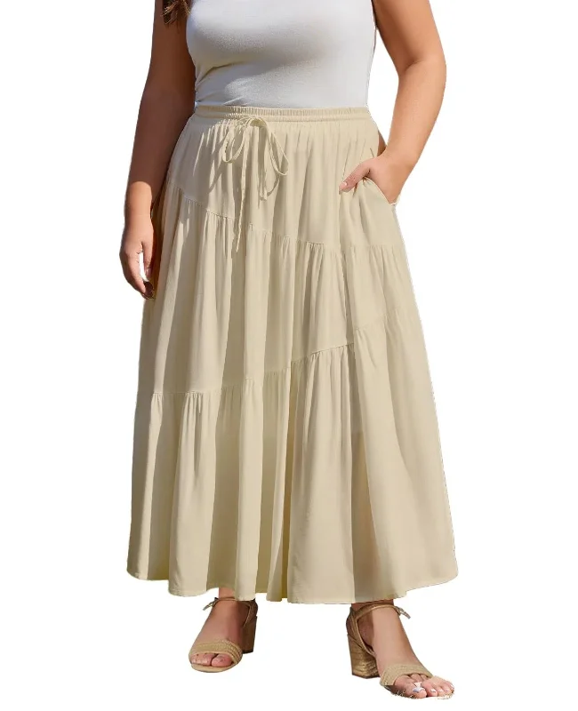 Women's Vintage Skirts-Plus Size Tiered Maxi Skirt-Almond