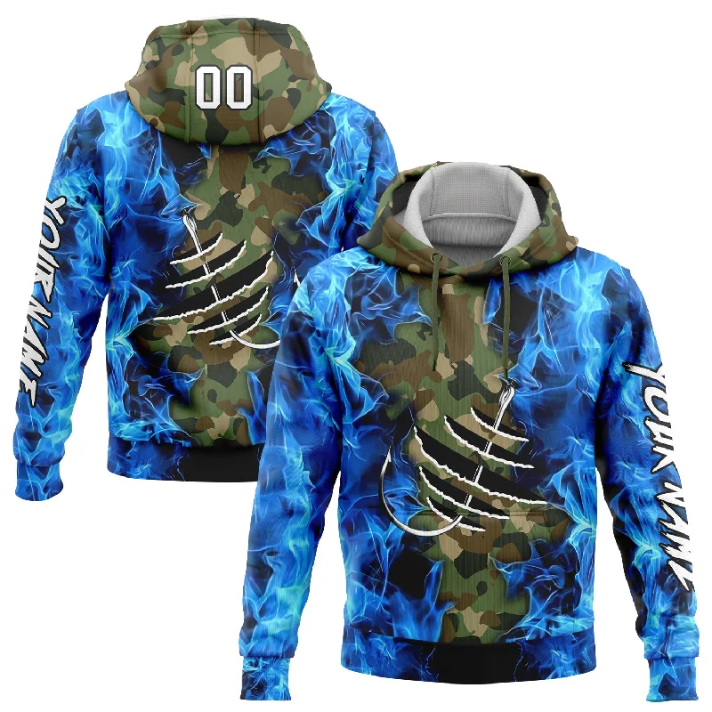 Women's Bow Detail Hoodies-Custom Stitched Camo White-Black 3D Flame And Fish Hook Fishing Sports Pullover Sweatshirt Salute To Service Hoodie