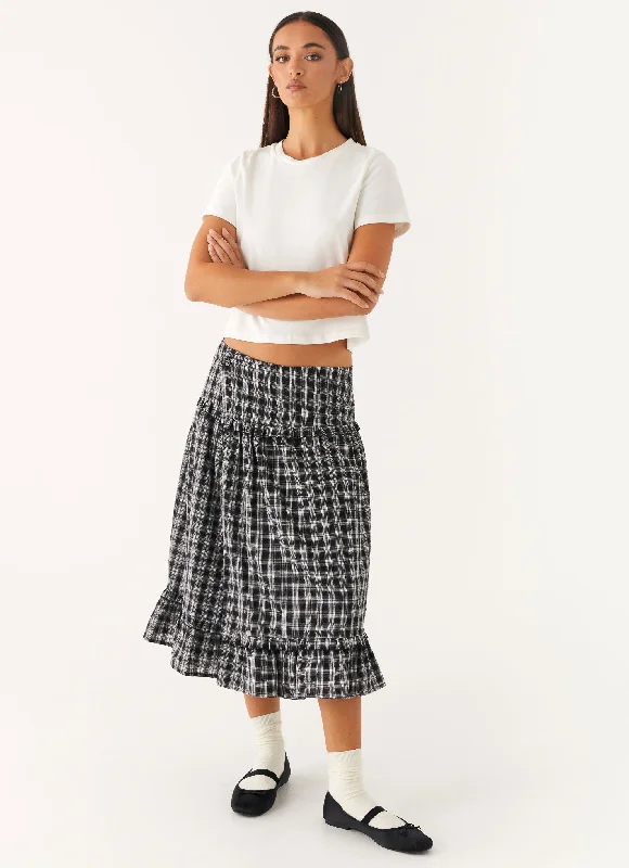 Women's Textured Denim Skirts-Laura Midi Skirt - White Black Check