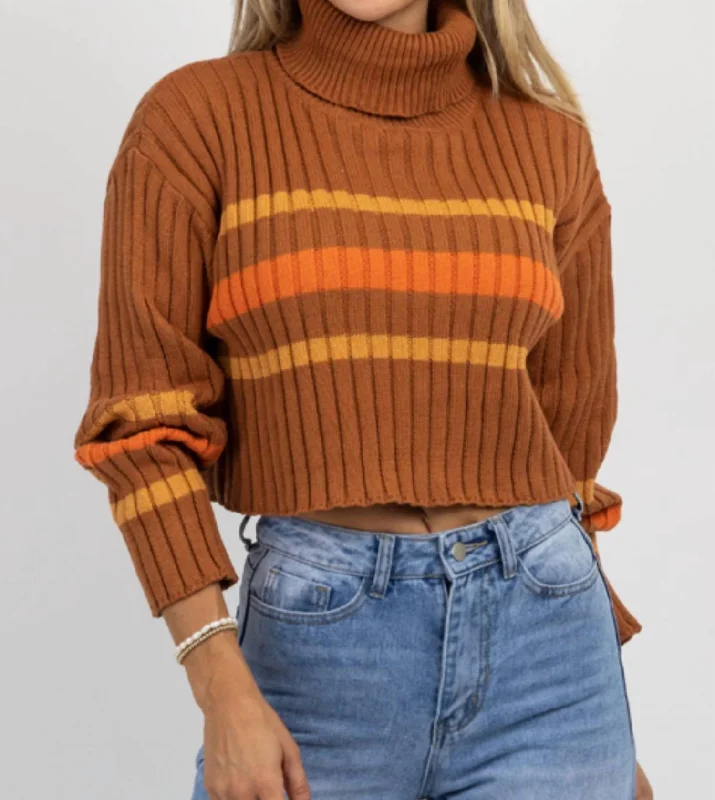 Women's Insulated Denim Pullovers-Stripe Turtleneck Sweater In Cinnamon