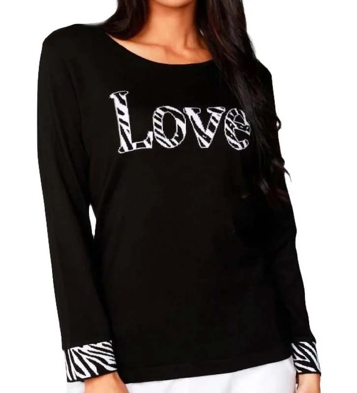 Women's Satin Floral Pullovers-Love Scoop Neck Sweater In Black