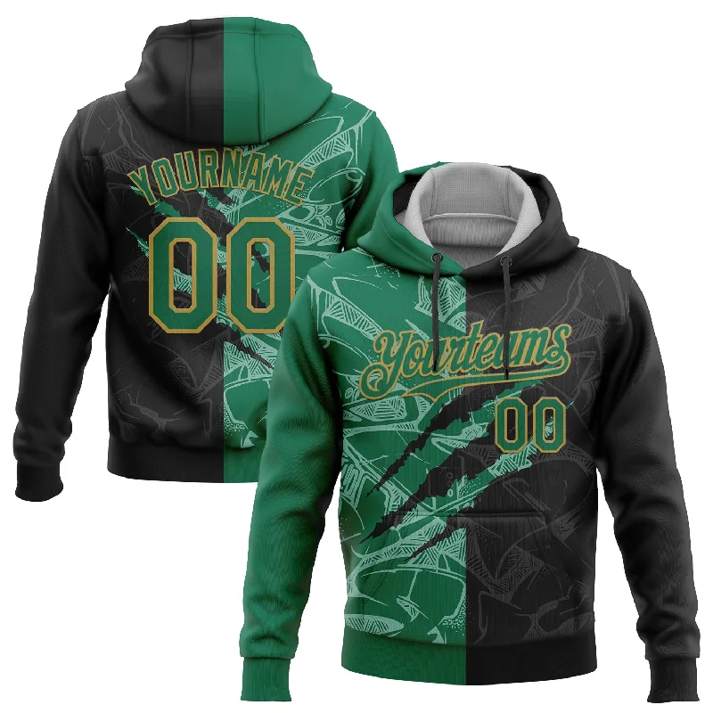 Women's Studded Hoodies-Custom Stitched Graffiti Pattern Black Kelly Green-Old Gold 3D Scratch Sports Pullover Sweatshirt Hoodie