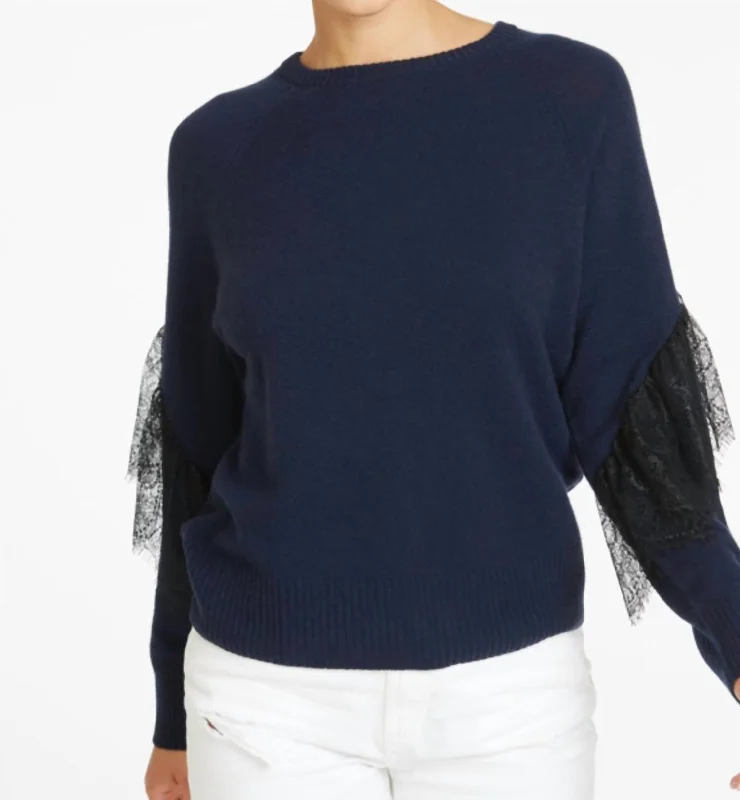 Women's Fringe Ruffle Pullovers-Lace Trimmed Raglan Sweater In Navy Blue