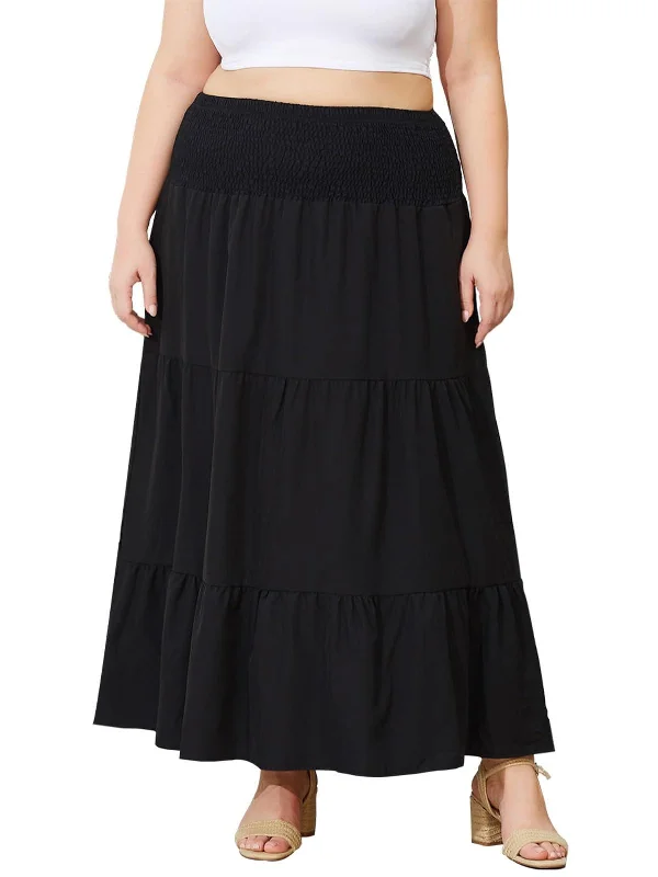 Women's Button-Front Skirts-Plus Size Maxi Skirt High Waist Pleated Flowy Floral - Black