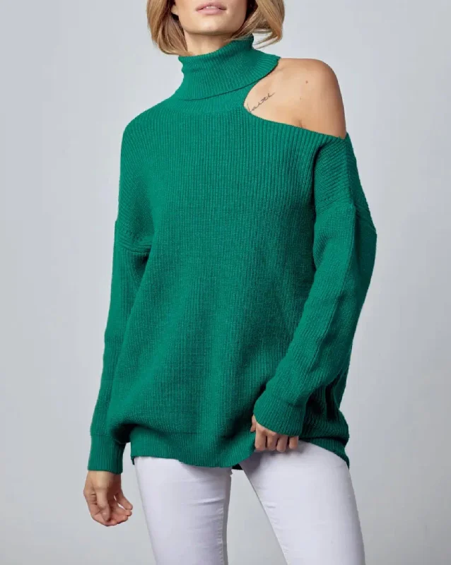 Women's Vacation Pullovers-Shoulder-Baring Turtleneck Sweater In Forest Green