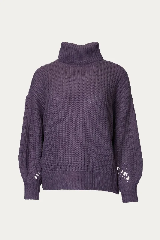 Women's Thermal Denim Pullovers-Cable-Knit Turtleneck Sweater In Dark Purple Grey