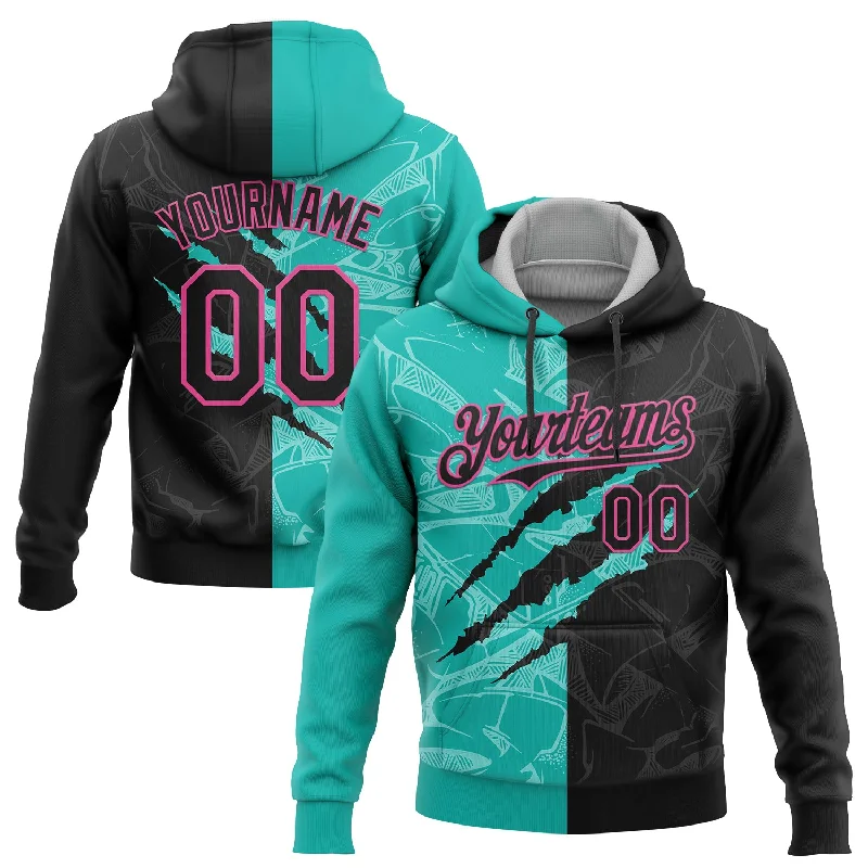 Women's Statement Hoodies-Custom Stitched Graffiti Pattern Black Aqua-Pink 3D Scratch Sports Pullover Sweatshirt Hoodie