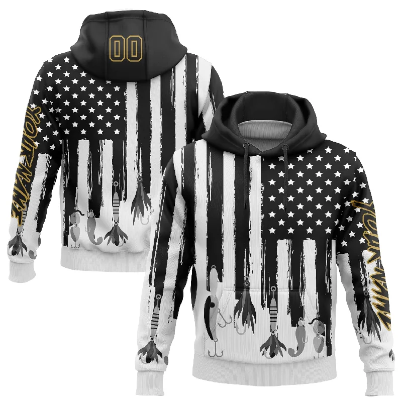 Women's Burnout Hoodies-Custom Stitched Black Old Gold-White 3D American Flag And Fish Hook Fishing Bait Sports Pullover Sweatshirt Hoodie