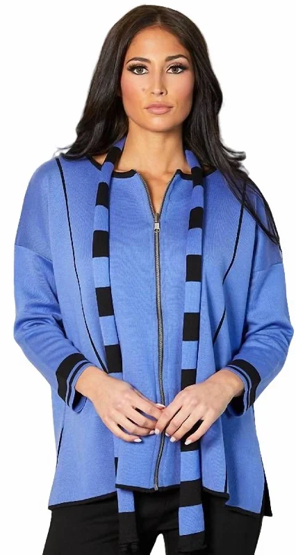 Women's Ribbed Ruffle Pullovers-Reversible Zip Poncho With Stripe Scarf In Periwinkle