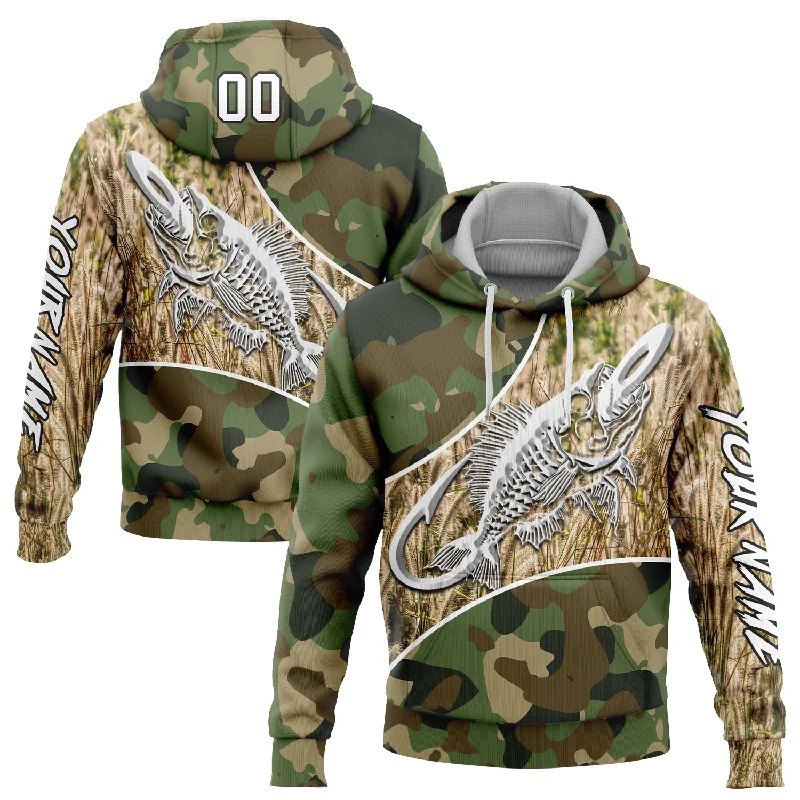 Women's Bohemian Hoodies-Custom Stitched Camo White-Black 3D Fish Hook Skull Fishing Sports Pullover Sweatshirt Salute To Service Hoodie