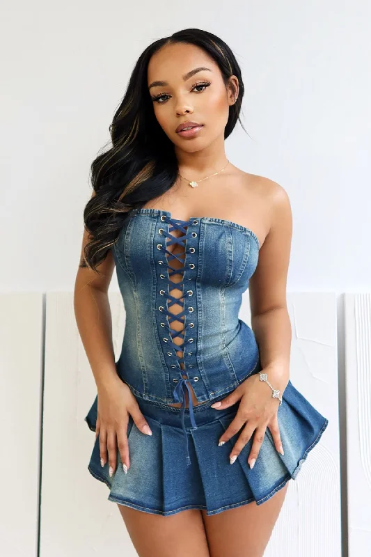 Women's High-Waisted Pencil Skirts-Muted Blue Denim Corset Top & Skirt SET