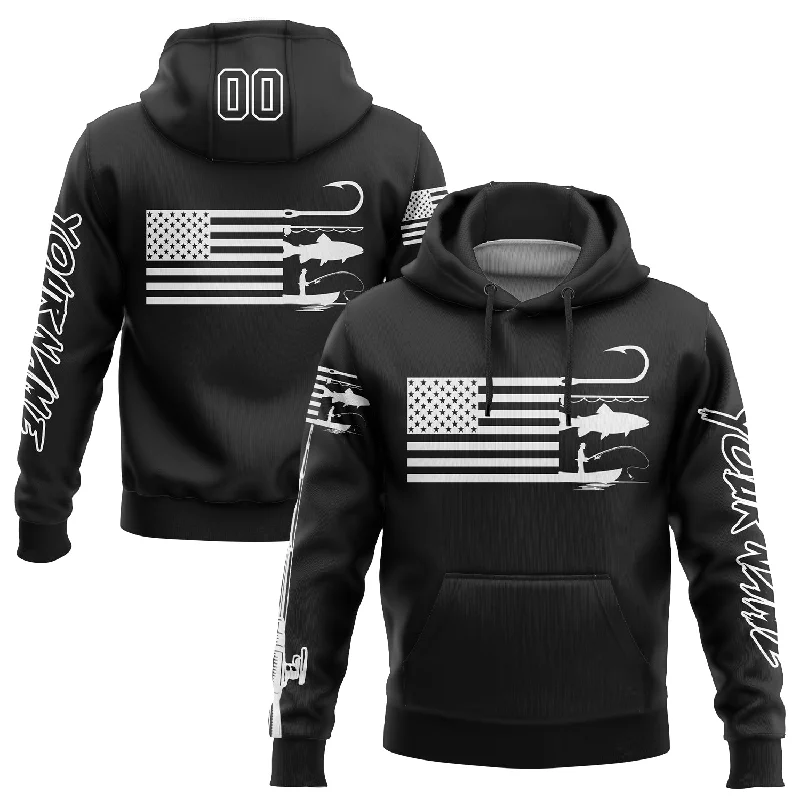 Women's Checkered Hoodies-Custom Stitched Black White 3D American Flag And Fish Hook Fishing Sports Pullover Sweatshirt Hoodie