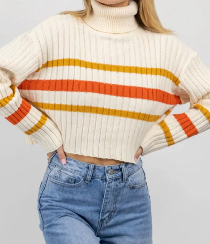 Women's Striped Pullovers-Auburn Stripe Turtleneck Sweater In White