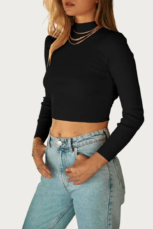 Women's Solid Color Pullovers-Cropped Open-Back Mock Neck Sweater In Black