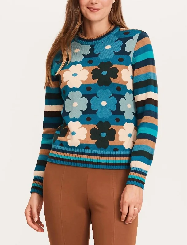 Women's Ribbed Denim Pullovers-Floral Stripe Crew Sweater In Multi