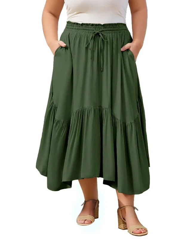 Women's Tulle Denim Skirts-Plus Size Boho Maxi Skirt Tiered-Green