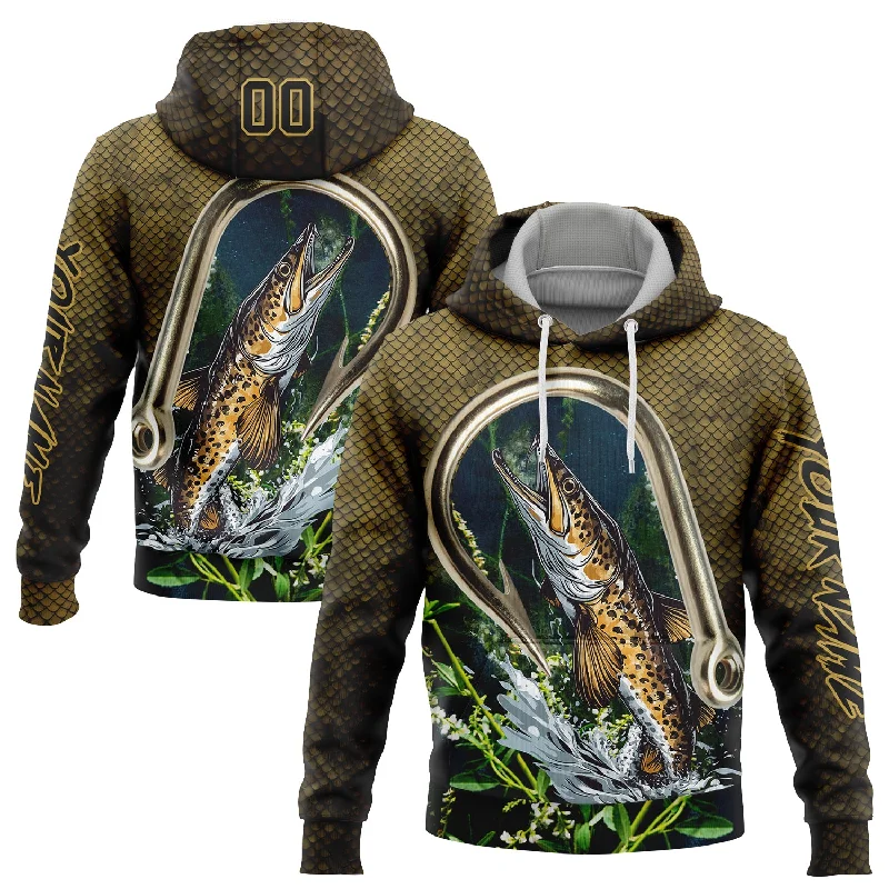 Women's Balloon Sleeve Hoodies-Custom Stitched Old Gold Black 3D Walleye Fish Fishing Sports Pullover Sweatshirt Hoodie