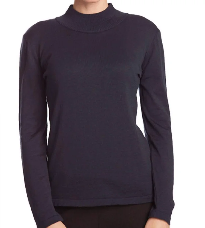 Women's Sequin Pencil Pullovers-Long Sleeve Mock Neck Pullover In Navy