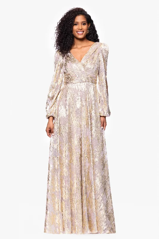 "Marla" Long Sleeve V Neck Metallic Knit Floor Length Dress