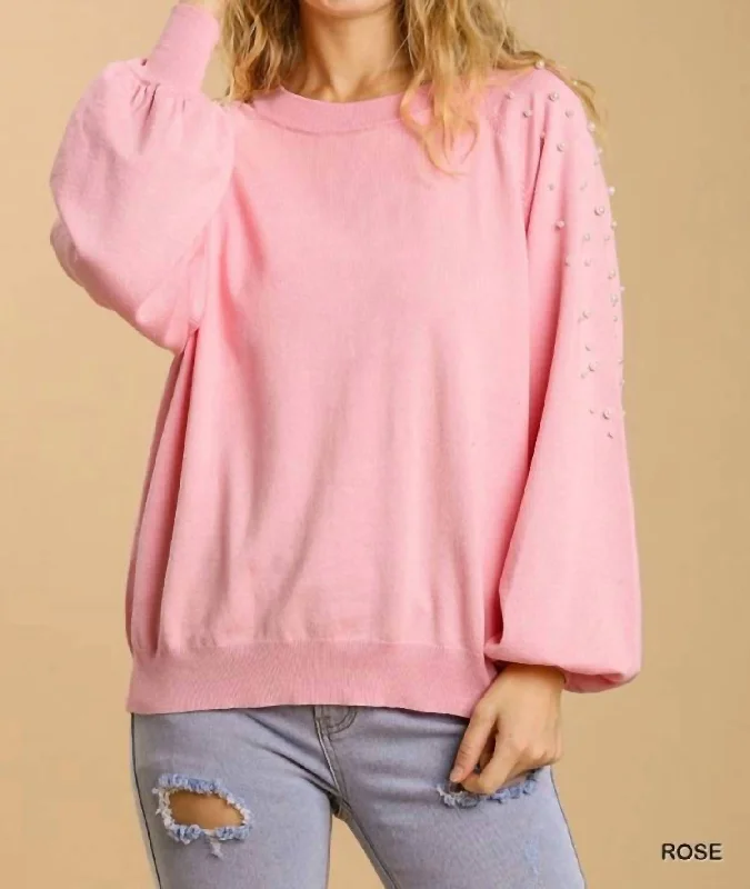 Women's Sleep Pullovers-Round Neck Pullover Sweater In Rose