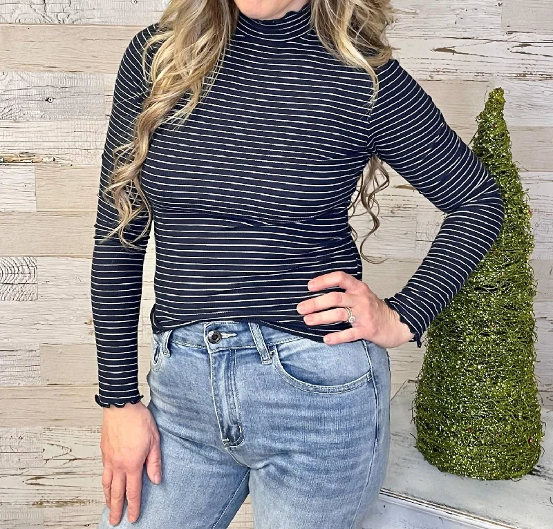 Women's Glitter Denim Pullovers-Aleene Ribbed Stripe Top In Navy