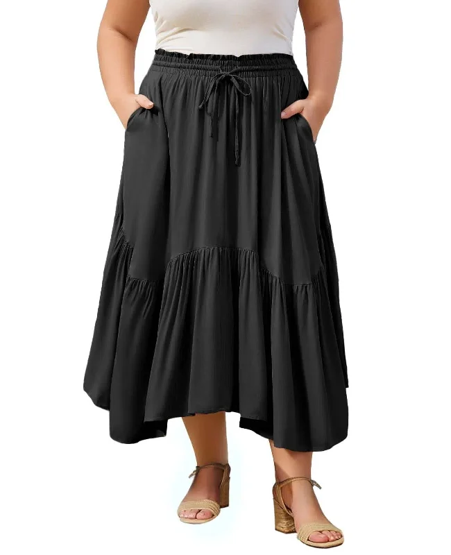 Women's Tulle Floral Skirts-Plus Size Boho Maxi Skirt Tiered-Black