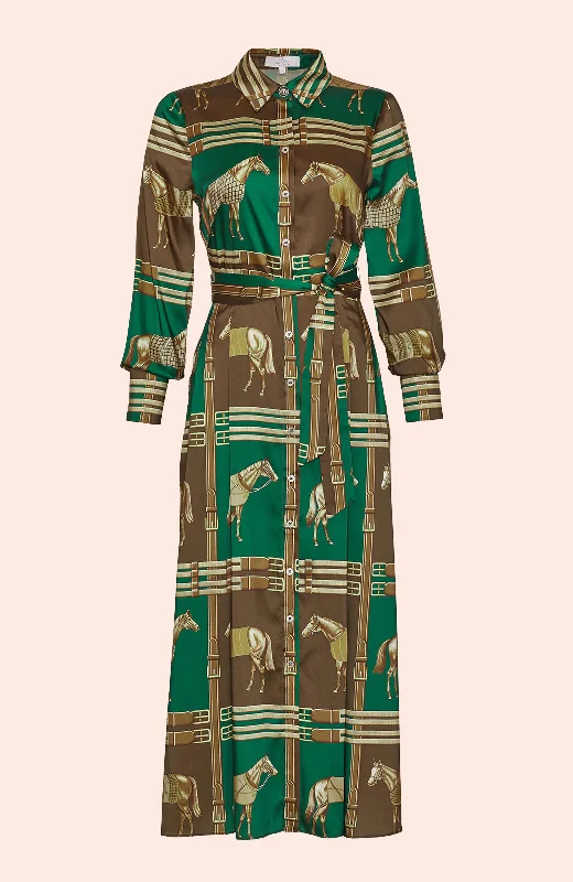 Equestrian Twill Pleated Shirt Dress | Forest Multi