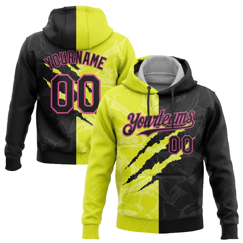 Women's Split Sleeve Hoodies-Custom Stitched Graffiti Pattern Black Neon Yellow-Pink 3D Scratch Sports Pullover Sweatshirt Hoodie