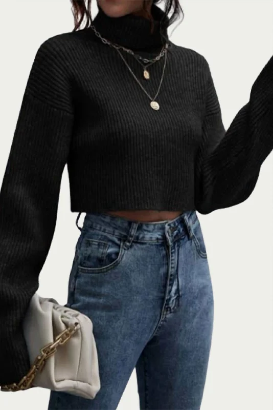 Women's Button-Front Ruffle Pullovers-Ribbed-Knit Cropped Turtleneck Sweater In Black