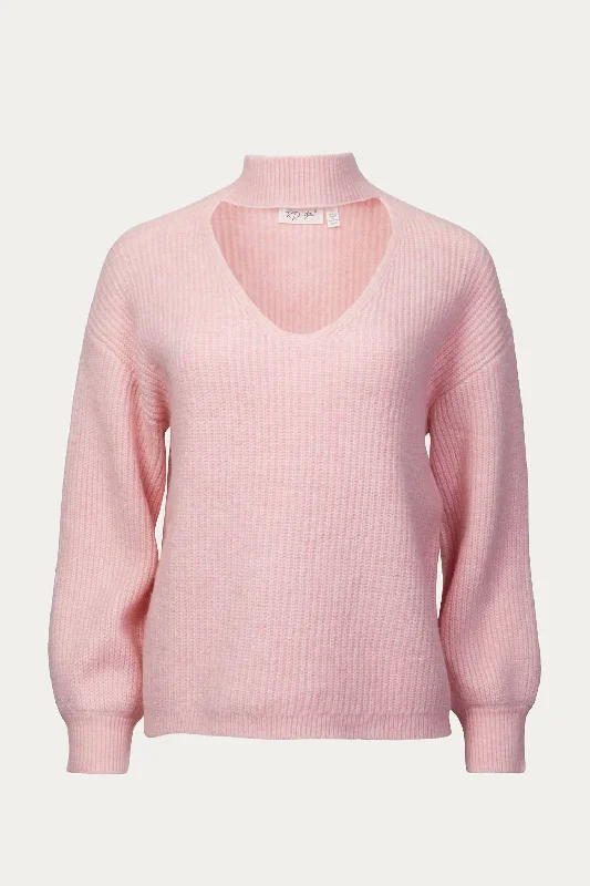 Women's Tulle Floral Pullovers-Cutout Ribbed-Knit Turtleneck Sweater In Blush