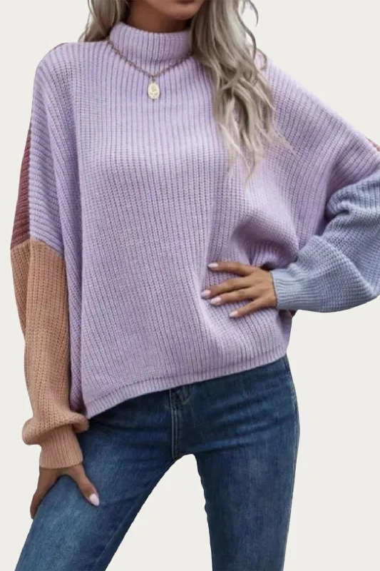 Women's Turtleneck Pullovers-Slouchy Colorblock Ribbed-Knit Sweater In Lavender