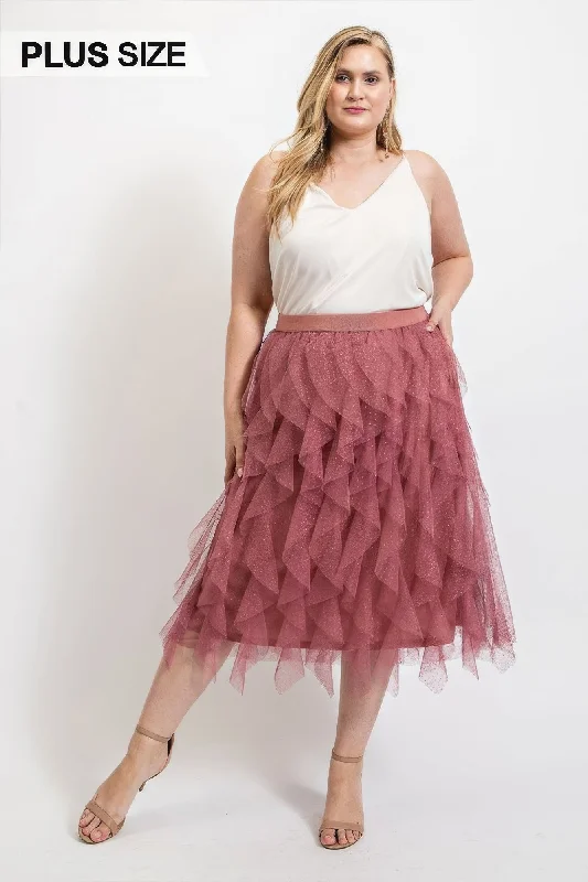 Women's Windproof Floral Skirts-Ruffled Tulle Midi Skirt With Elastic Waist Band