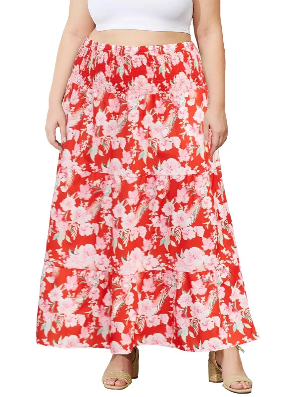 Women's Button-Front A-Line Skirts-Plus Size Maxi Skirt High Waist Pleated Flowy Floral - Red Print