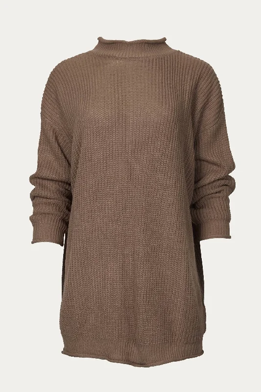 Women's Zip-Up Ruffle Pullovers-Ribbed-Knit Oversized Turtleneck Sweater In Khaki