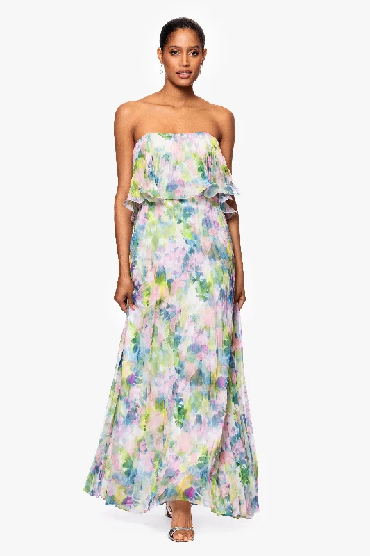 "Enid" Strapless Print Chiffon Pleated Floor Length Dress