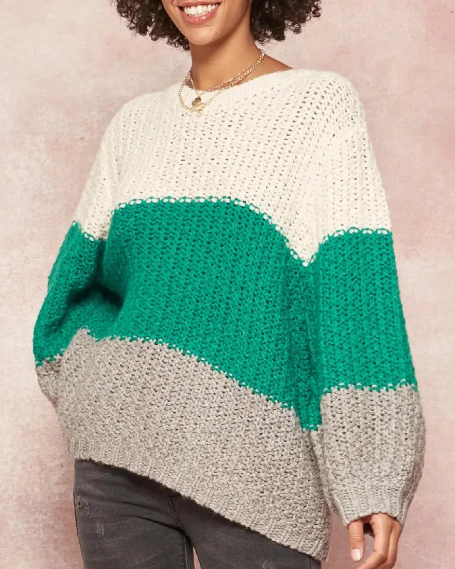 Women's Fleece Pullovers-Oversized Colorblock Crochet Knit Sweater In Ivory/green/grey