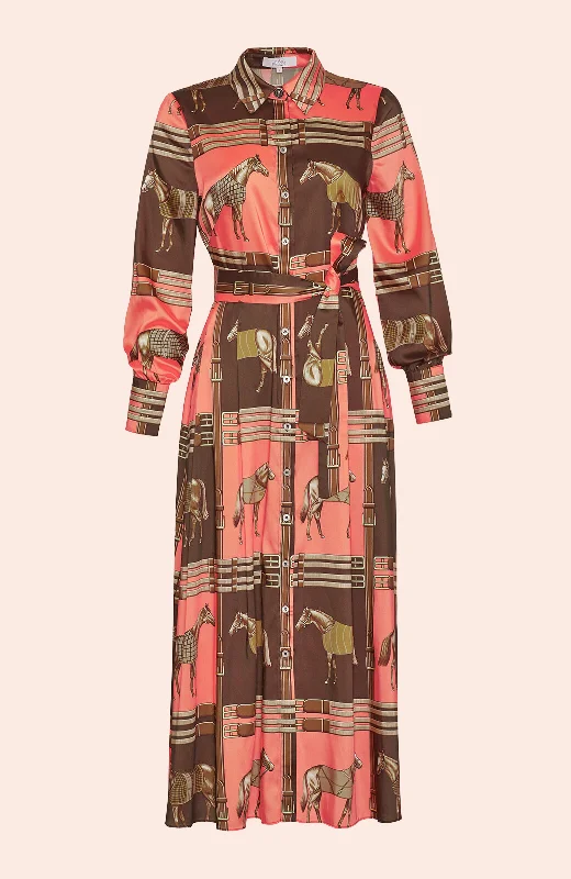 Equestrian Twill Pleated Shirt Dress | Coral Multi