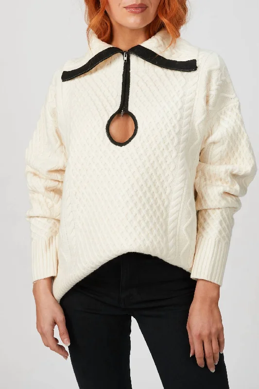 Women's Cotton Pullovers-Cable Knit Key Hole Sweater In Ivory