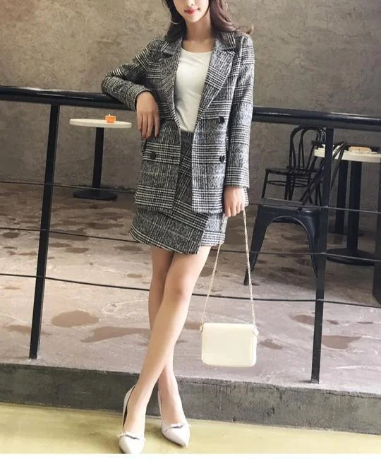 Women's Button-Front Floral Skirts-Plaid Tweed Mini Skirt Suit