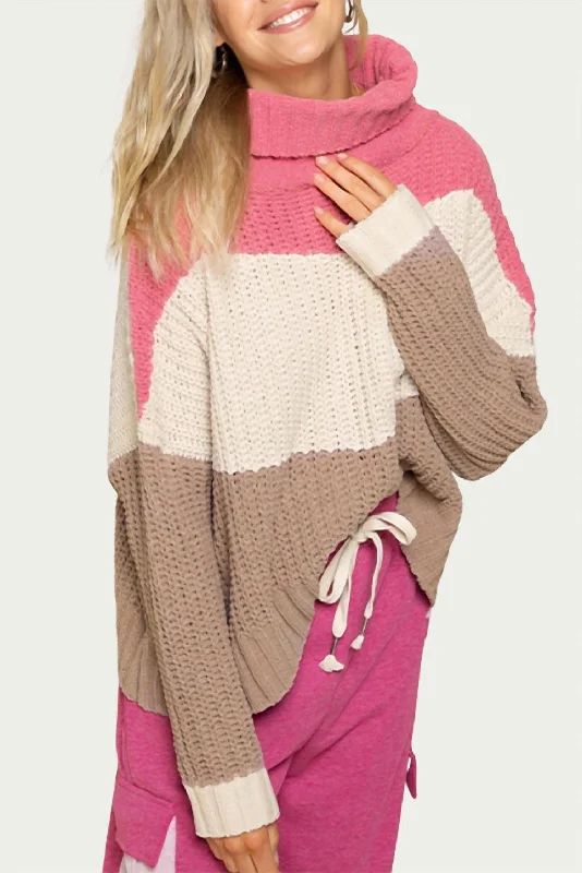 Women's Tulle A-Line Pullovers-Textured Colorblock Turtleneck Sweater In Bubblegum Pink Multi