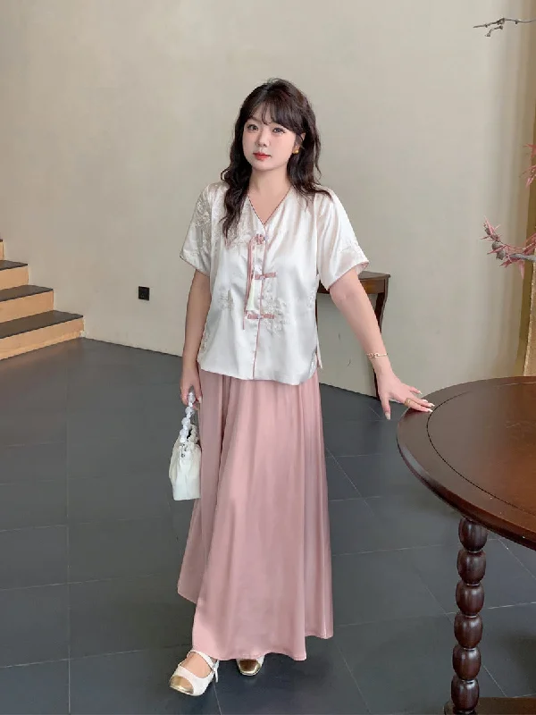 Women's Fleece Pleated Skirts-Plus Size Qipao Short Sleeve Blouse and Pink Skirt