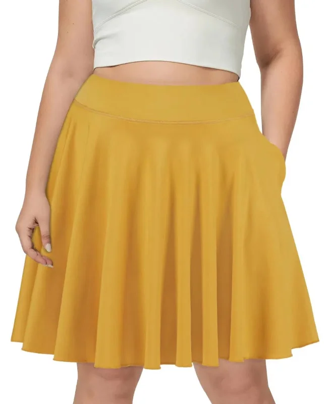 Women's Zip-Up Pleated Skirts-Plus Size Knee Length Skirts High Waisted - Yellow