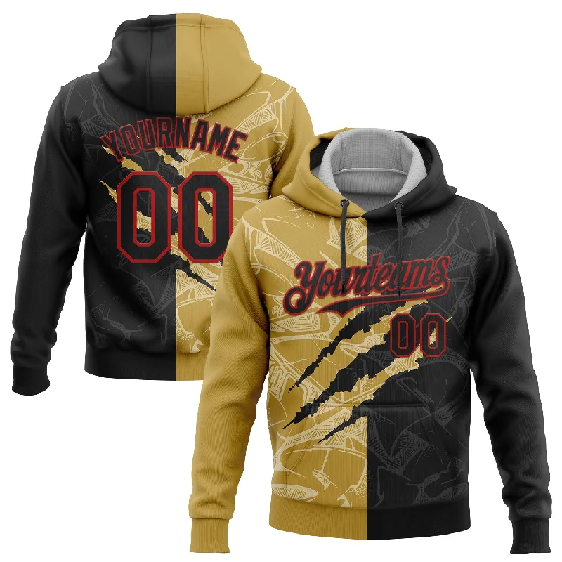 Women's Worn-In Hoodies-Custom Stitched Graffiti Pattern Black Old Gold-Red 3D Scratch Sports Pullover Sweatshirt Hoodie