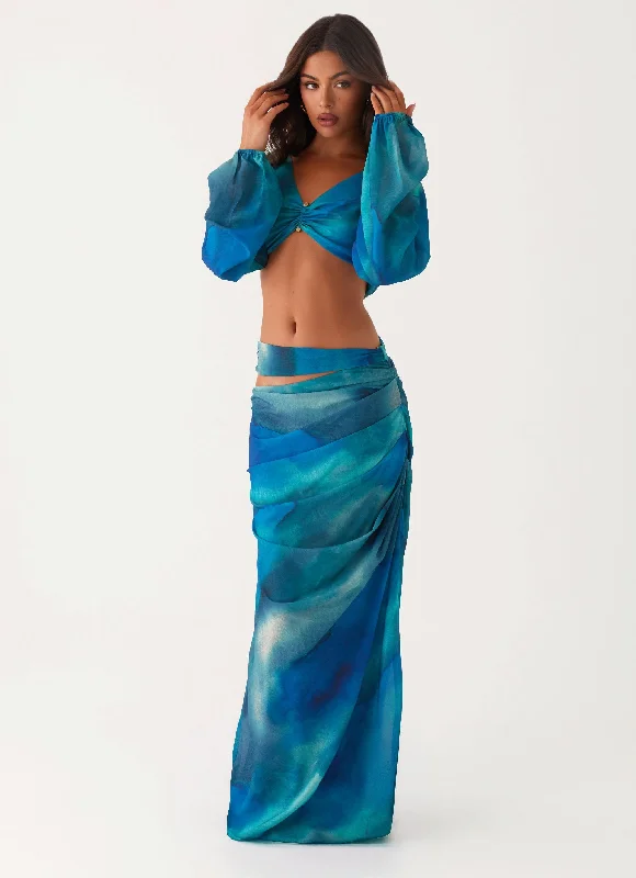 Women's Thermal A-Line Skirts-Austin Cut Out Maxi Skirt - Blue Tie Dye